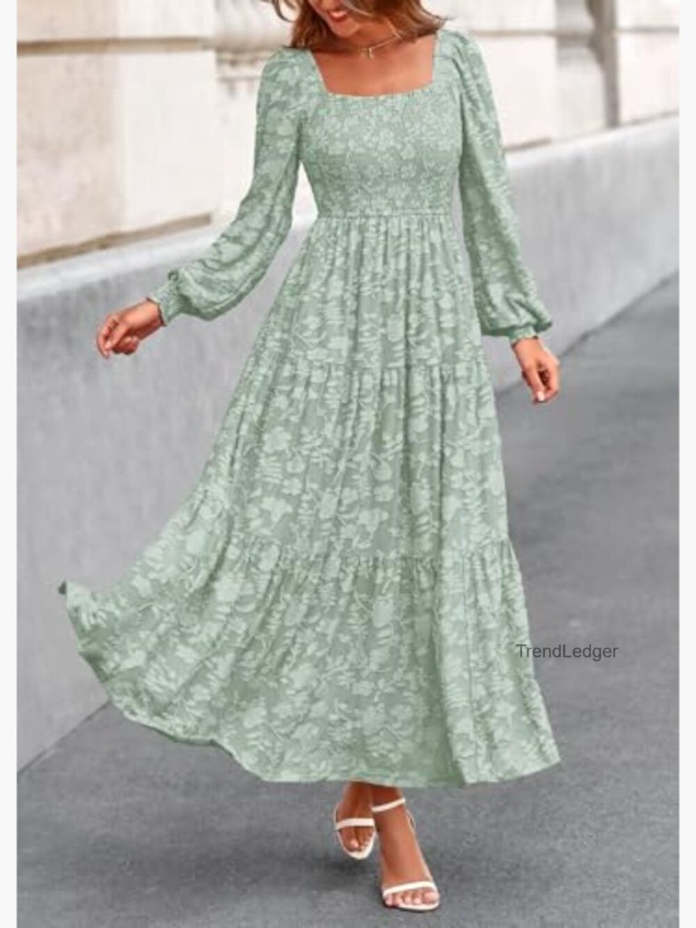 Long Sleeve Smocked Floral Maxi Dress A-Line Formal Wedding Guest - Picture 3 of 7